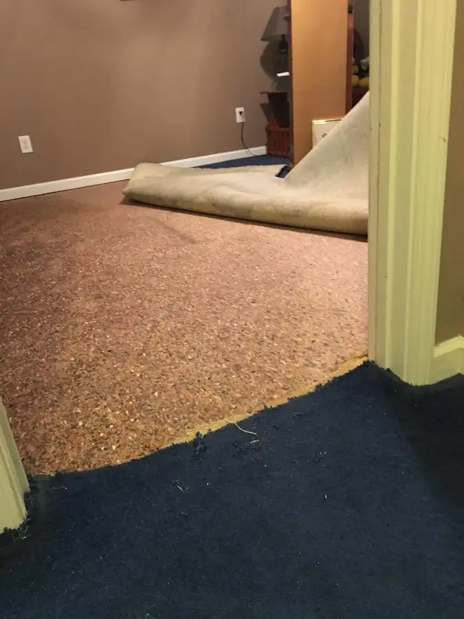 Carpet pad removal revealing water damage during Drying & Dehumidification in Mitchellville